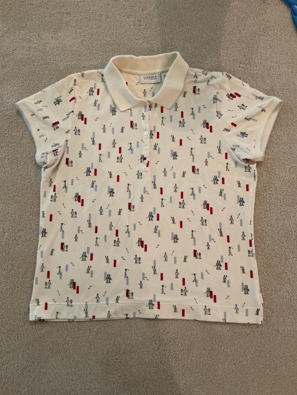 Liz Claiborne Cream Polo with Red & Blue Micro Print